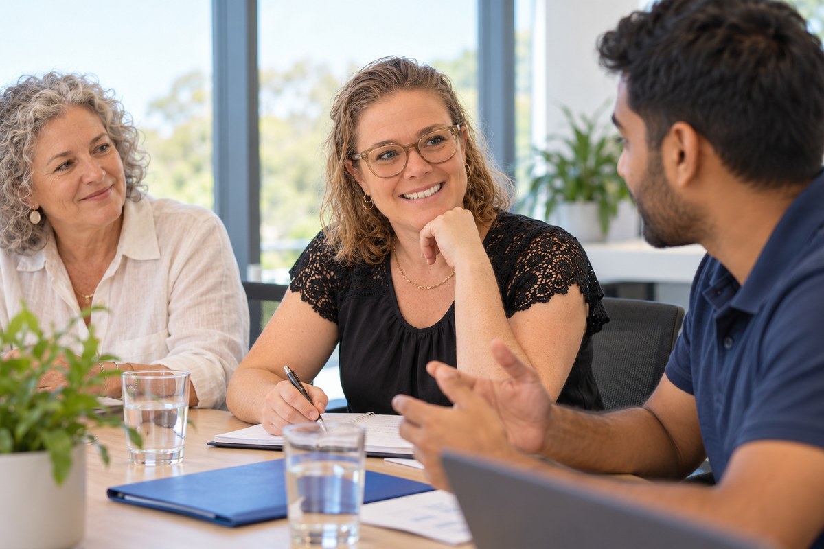 Angela at a meeting table with two provider leaders, listening with her notebook open as one of them talks