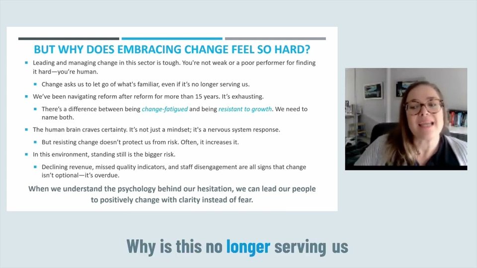 Angela presenting a slide titled 'But why does embracing change feel so hard?'