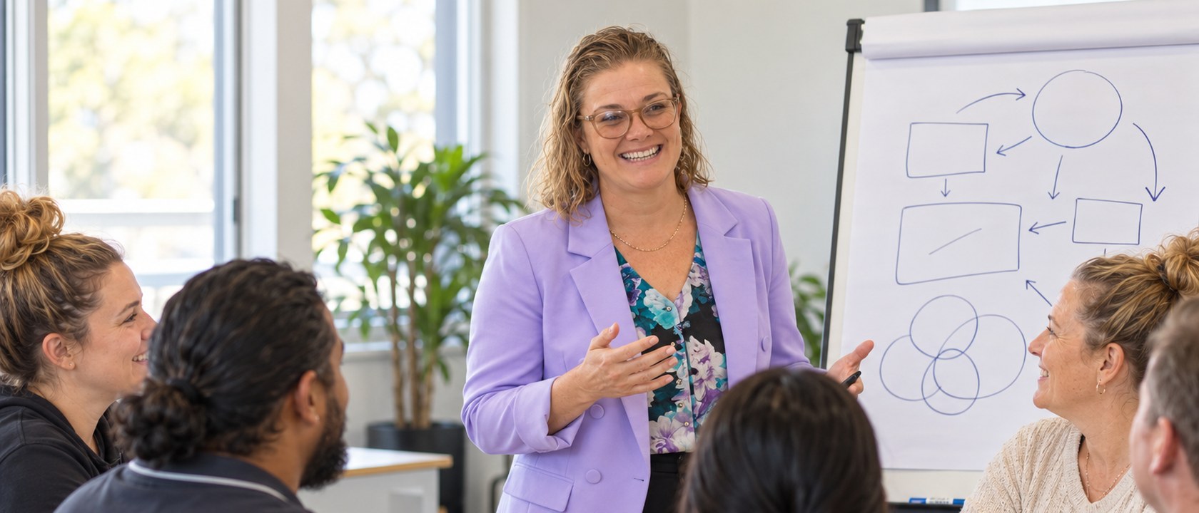 Angela facilitating a small workshop beside a flipchart, smiling mid-sentence as support workers around the table lean in
