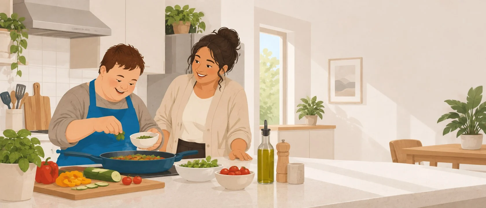 A man cooking a meal in his own kitchen while a support worker stands a pace back, ready but not directing