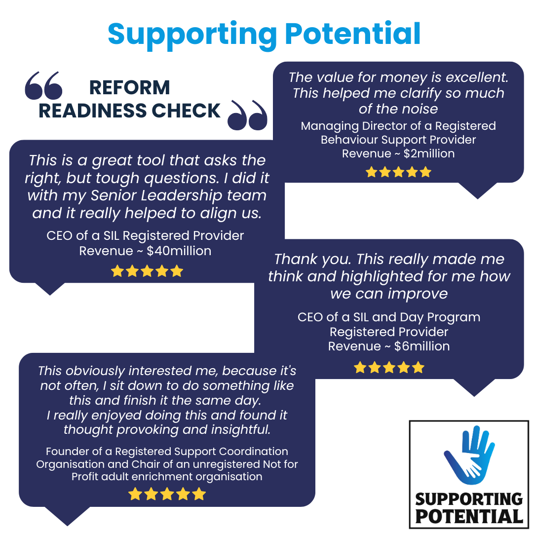 Reform Readiness Check — four five-star testimonials from NDIS provider CEOs and directors