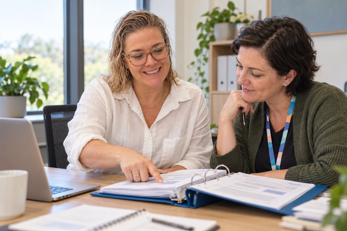 Angela beside a provider's quality manager at a desk, pointing to a page in a blue ring binder as they review it together