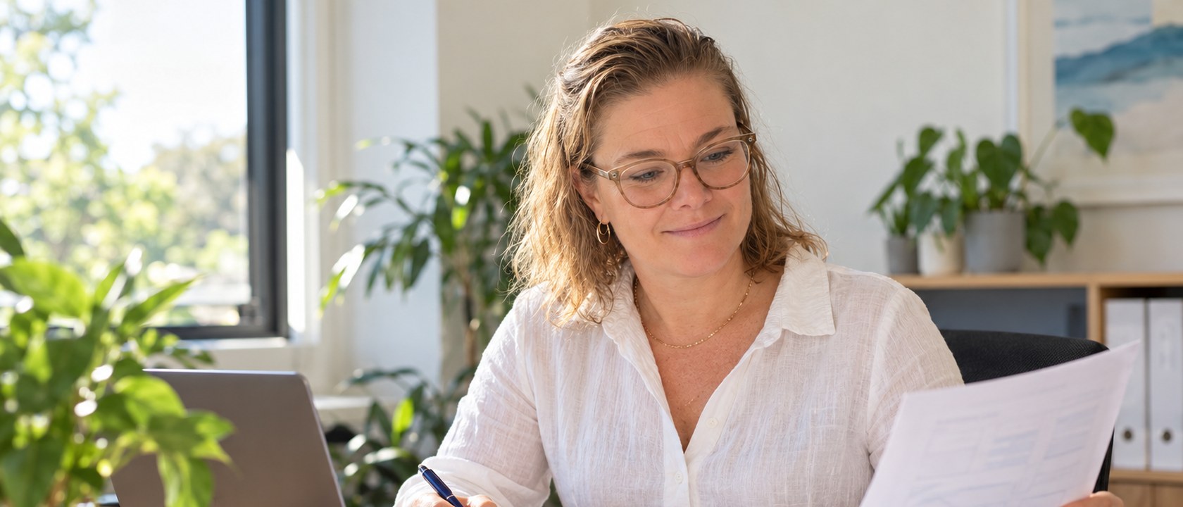 Angela at a quiet desk in morning light, working calmly through a set of documents with a pen in hand