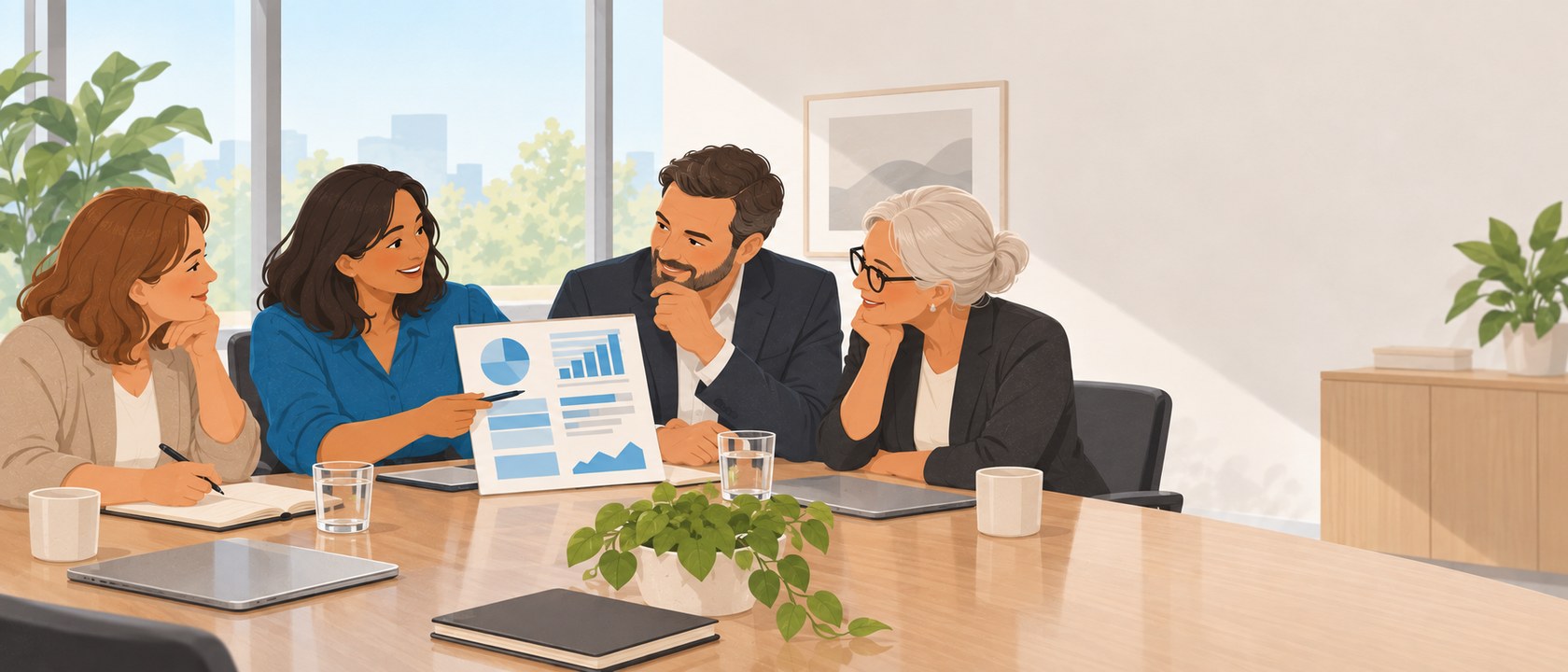 A quality lead walking a chief executive and a board member through a one-page summary at the leadership table