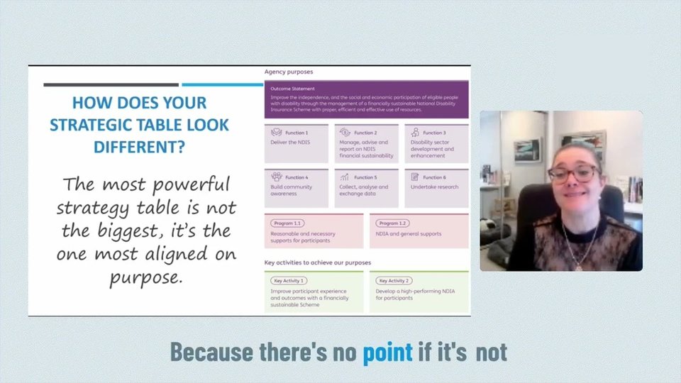 Angela presenting a slide titled 'How does your strategic table look different?'