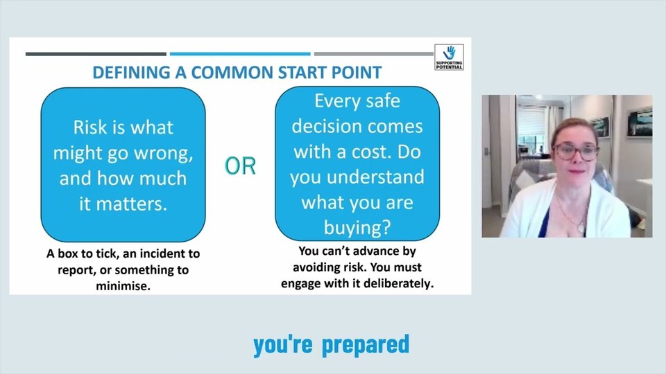 Angela presenting a slide titled 'Defining a common start point' on what risk means