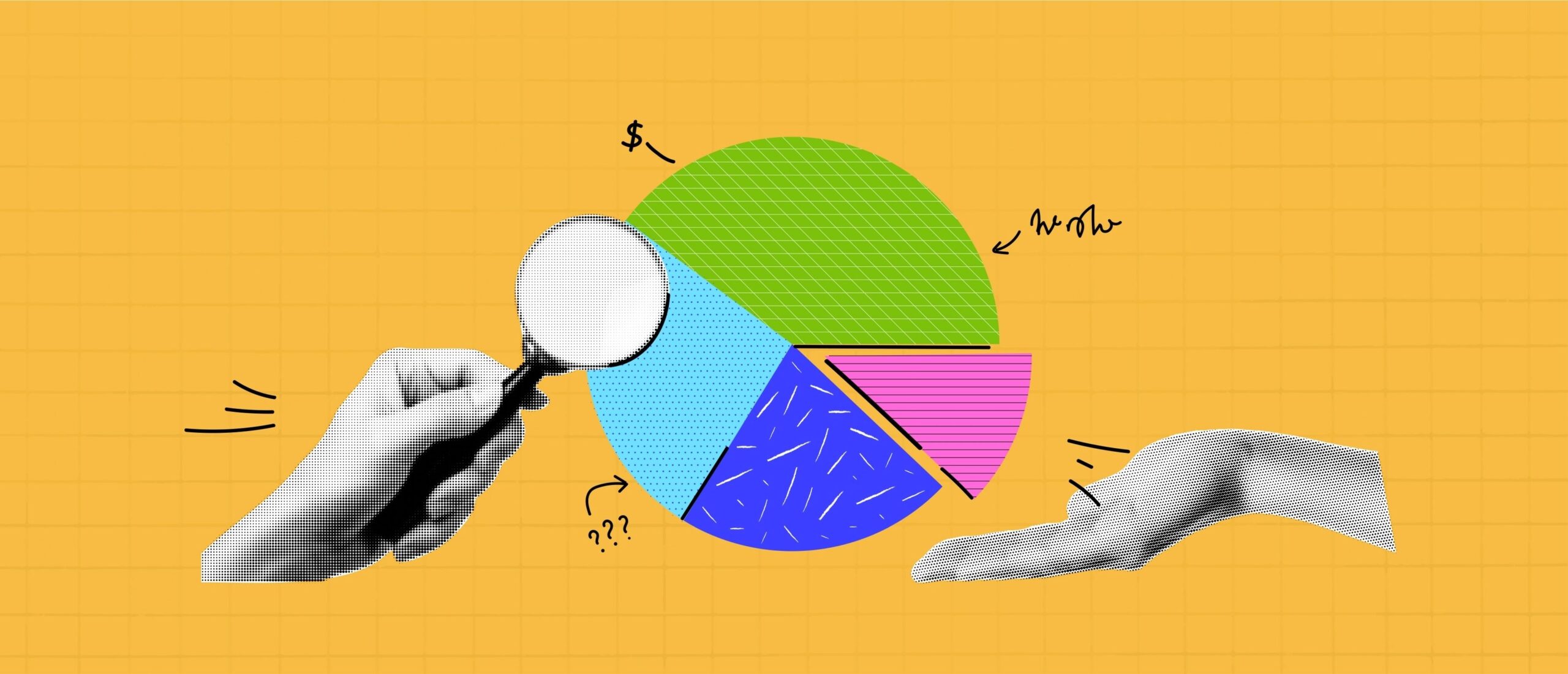 Colourful pie chart with hand holding magnifying glass