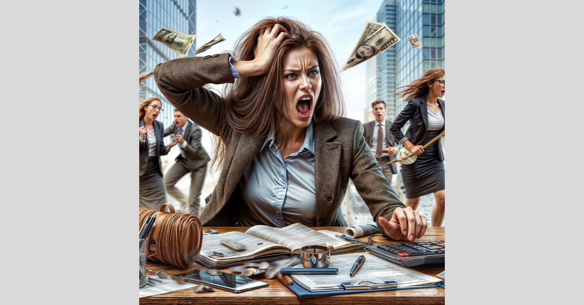 Untitled design (1) Woman stressed, pulling her hair out and surrounded by chaos